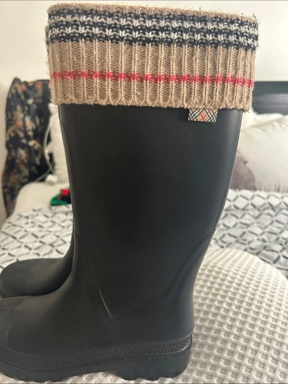 Burberry Black Rain Boots with Knit Beige Cuff and Red Stripe size 7- SALE - Picture 7 of 7